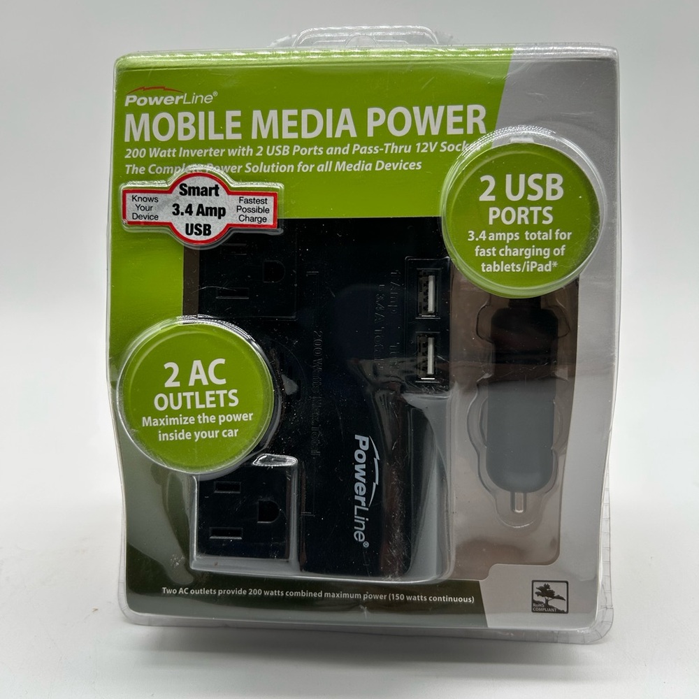 PowerLine Mobile Media Power 200 Watt Inverter with 2 USB Ports & 2 AC Outlets